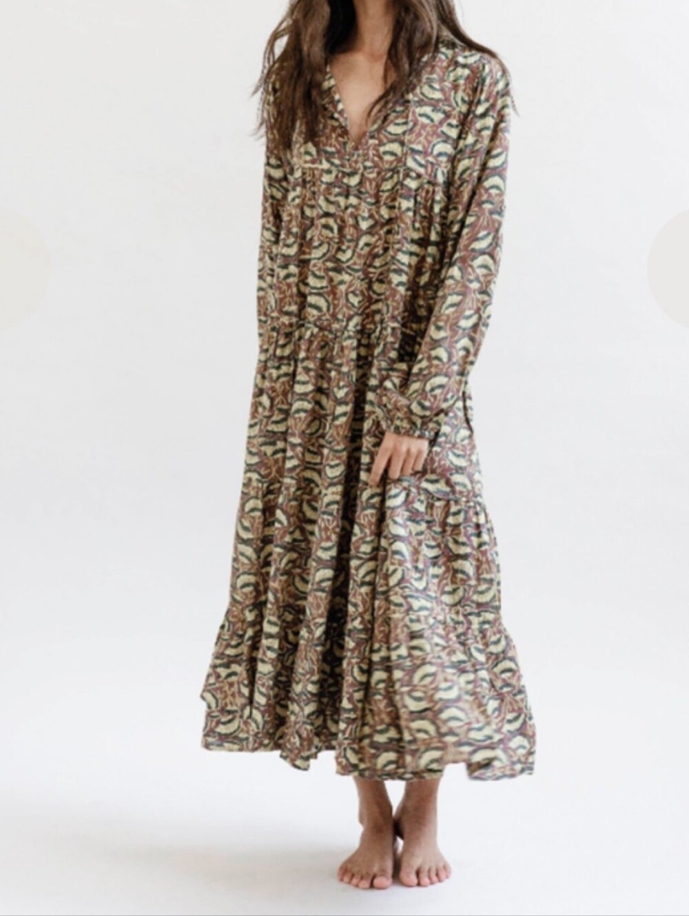 Maelu Lena Willow Long Sleeve Tiered Maxi Dress in Earthy Hand Block Print S